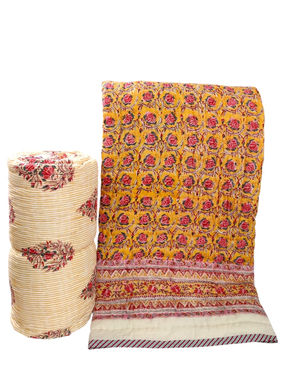 Mustard Yellow Floral Hand Block Printed Jaipuri Razai
