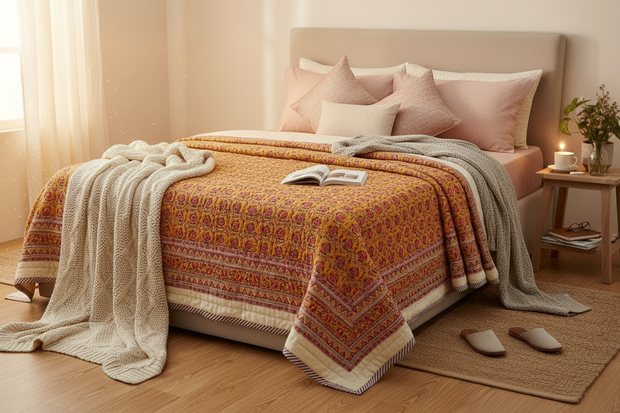 Mustard Yellow Floral Reversible Cotton Quilt | Authentic Jaipuri Razai | Queen Size (90x100 in)