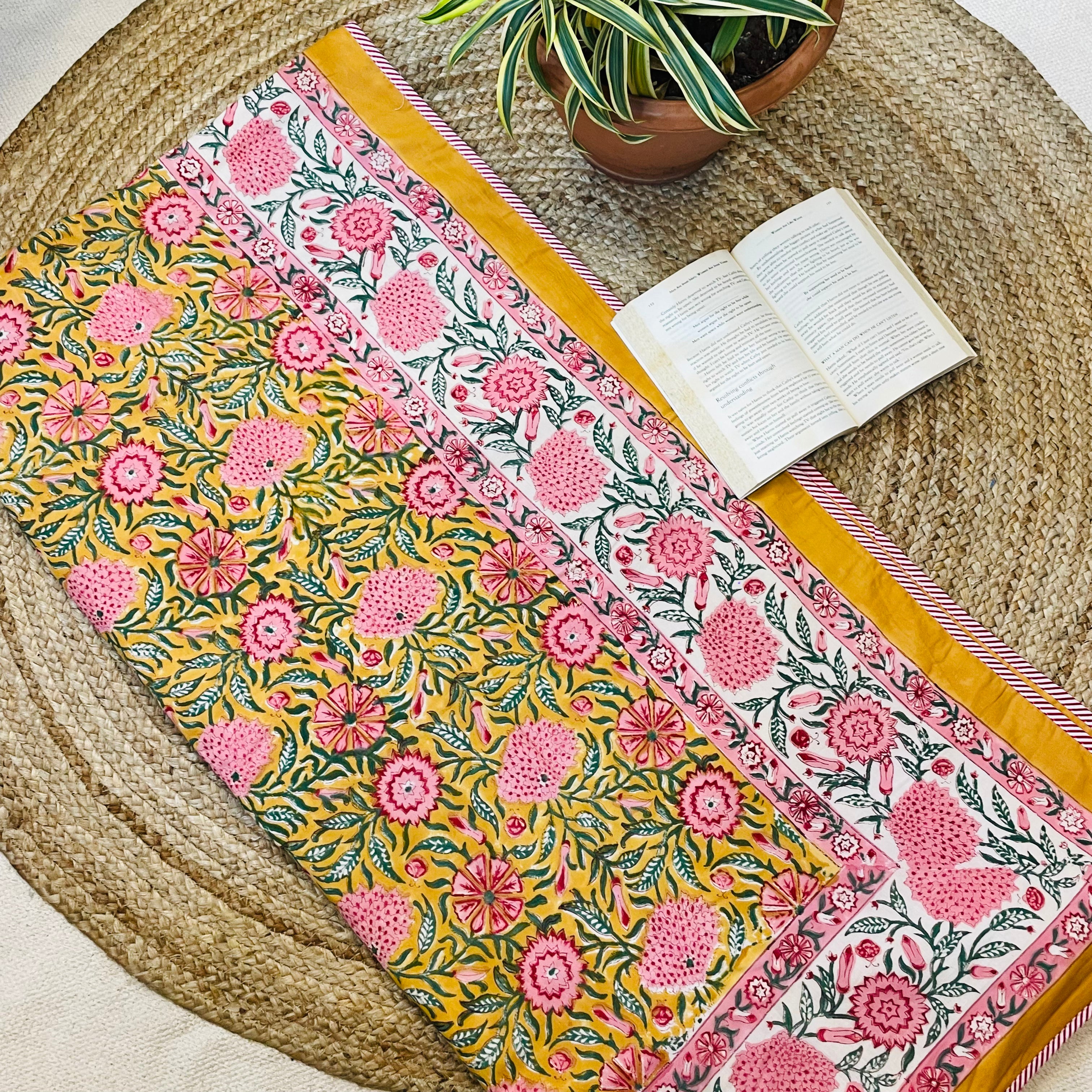 Mustard Yellow Floral Print Reversible Mul Cotton Dohar