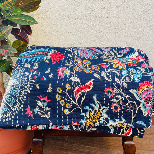 Reversible Navy Blue Floral Print Kantha Work Handmade Table Cover