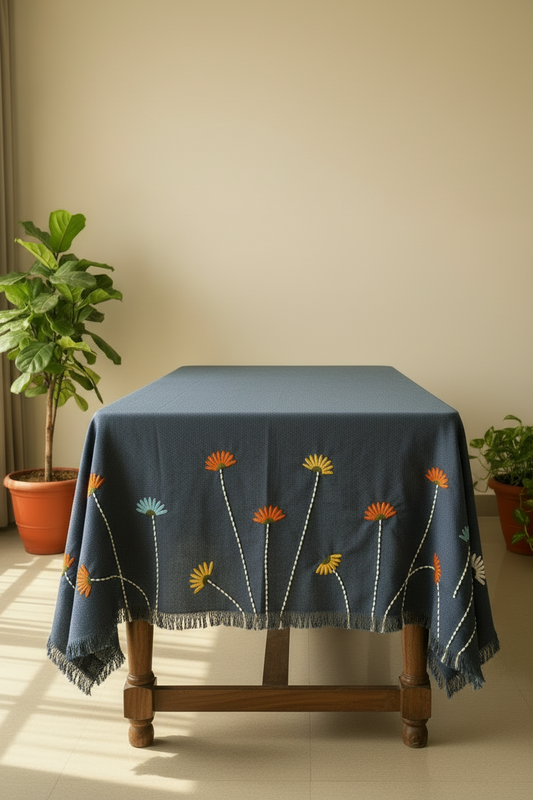Navy blue hand embroidered table cover styled in modern living room