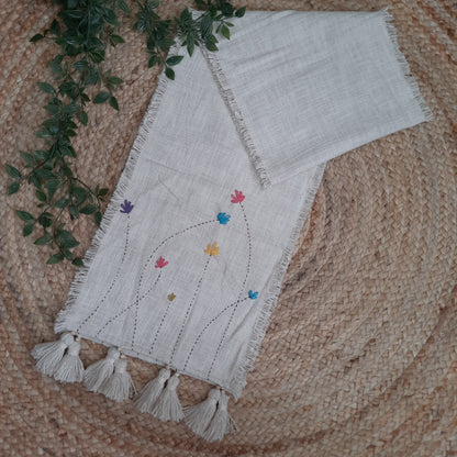 Handmade Kantha Work Slub Cotton Table Runner in Off-white Color with Embroidery and Hanging Tassels