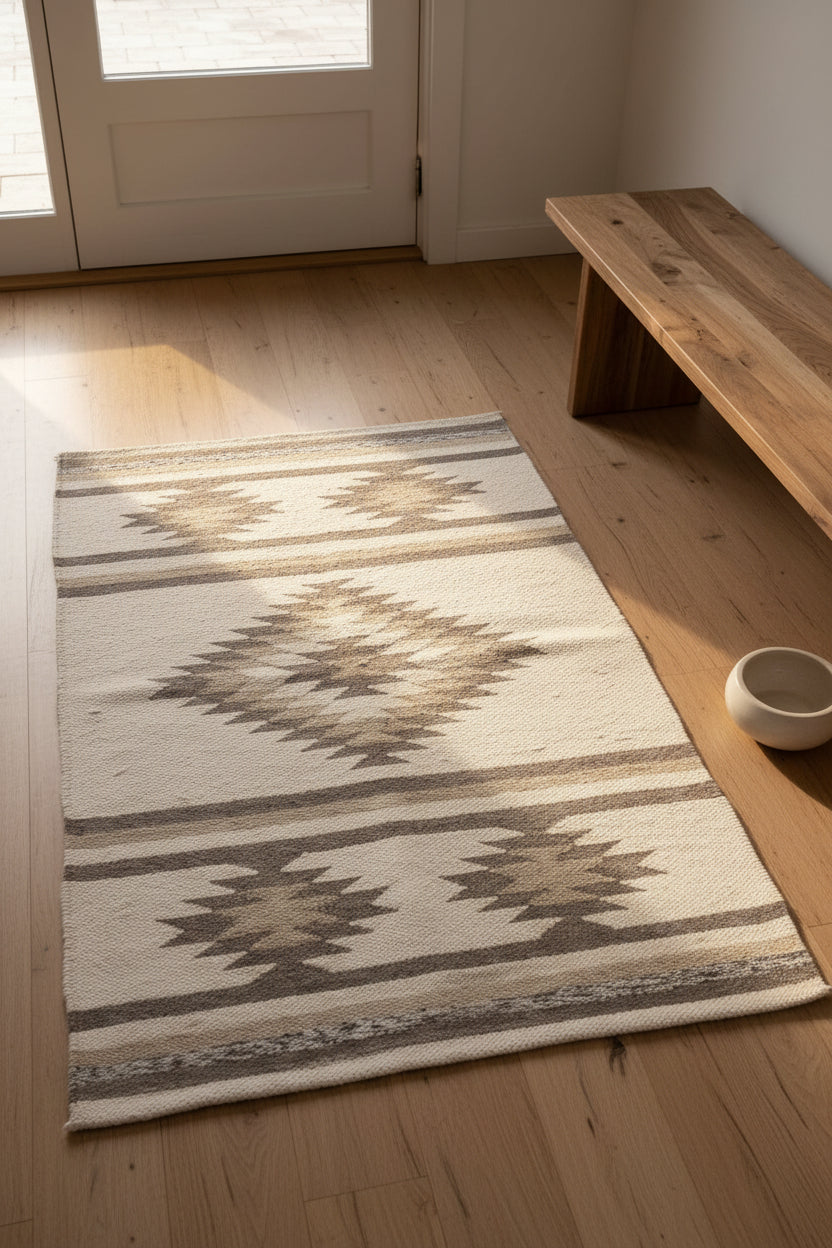 Patterned rug on a wooden floor with a wooden bench and door in the background