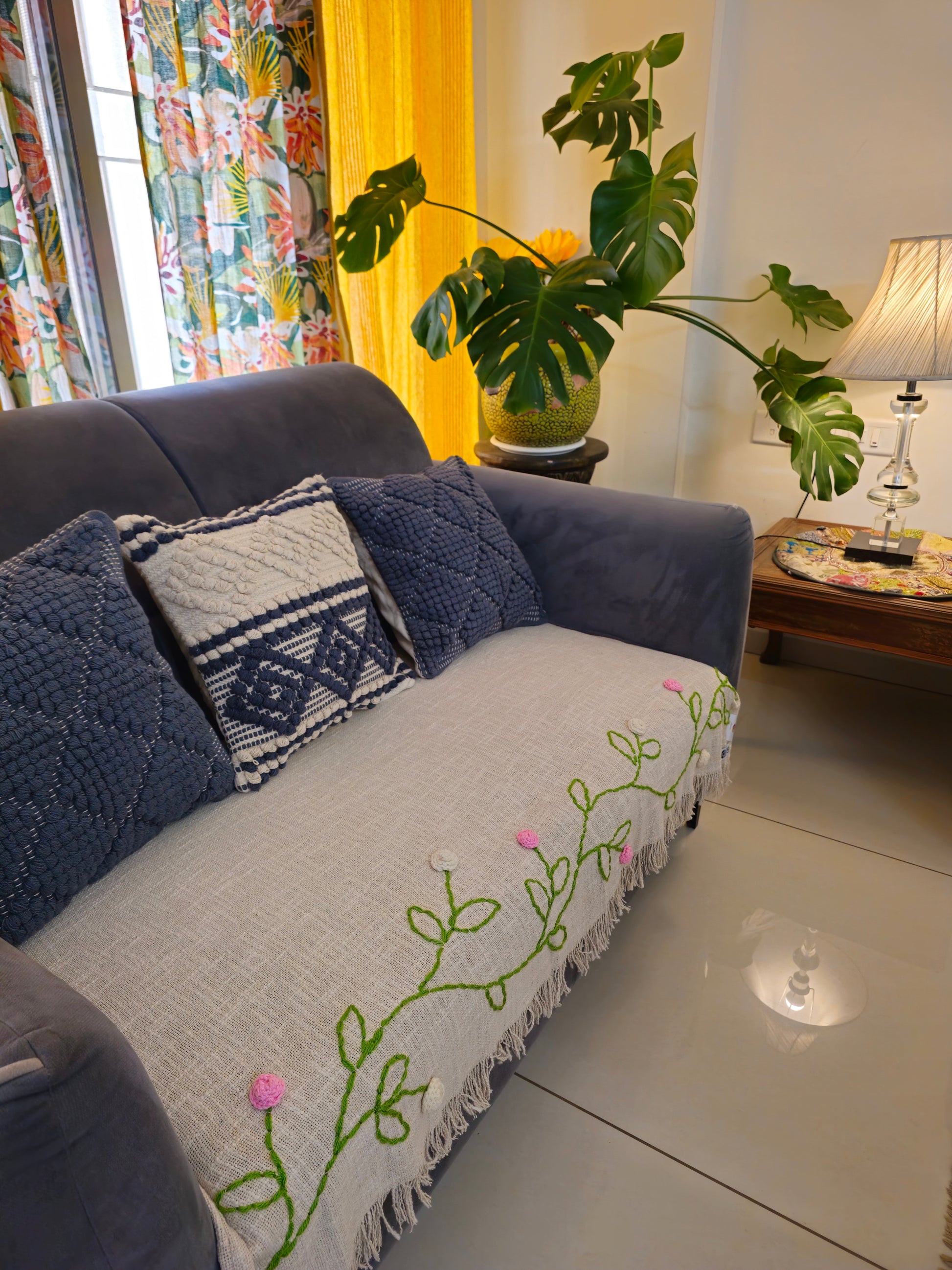 Off-White Throw with 3D Woolen Flower & Vine Embroidery