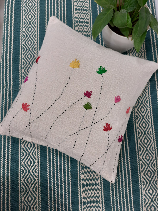Off-white jute cotton cushion cover with hand-embroidered tulips