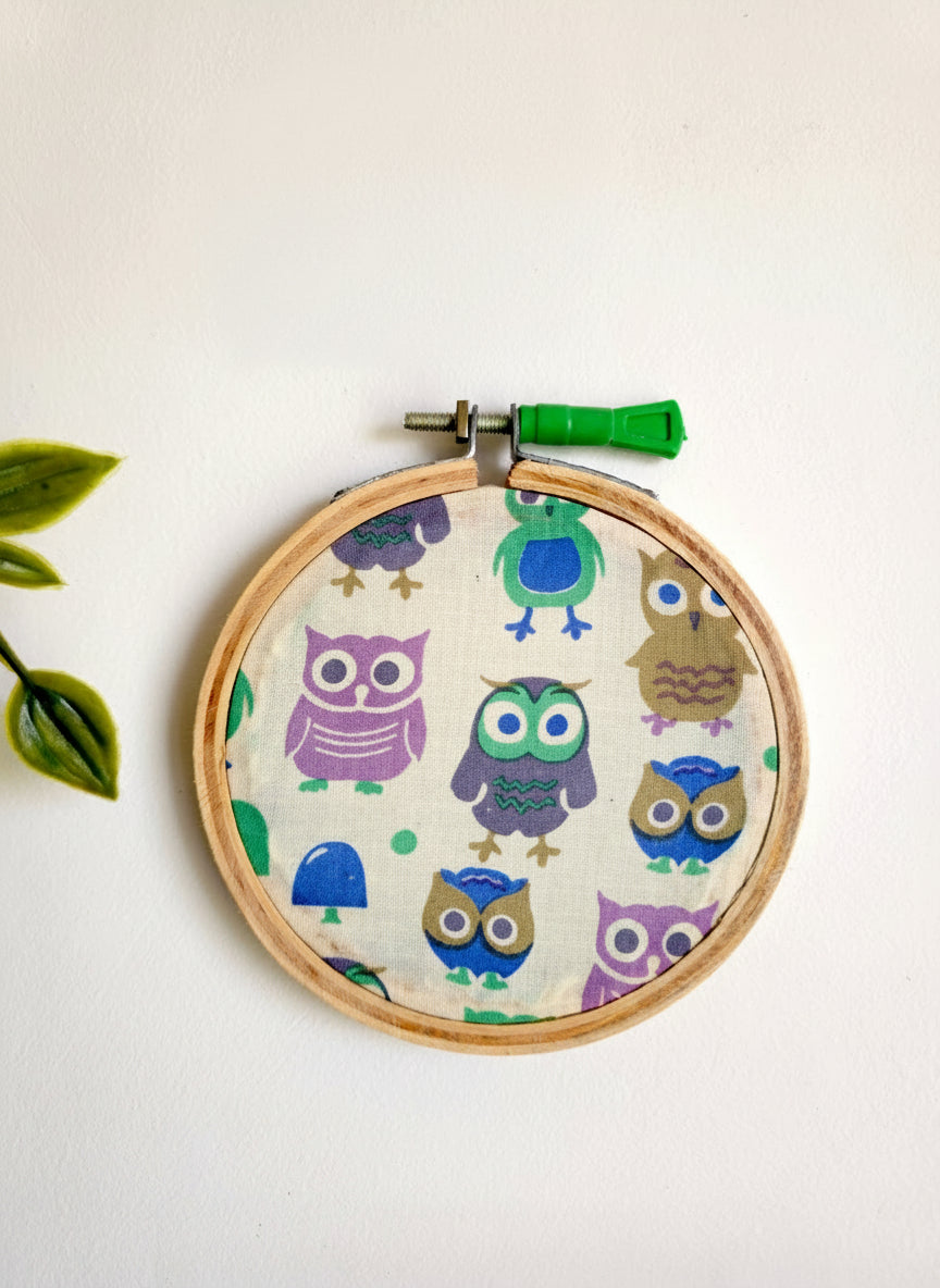 Owl Print in Pastel Shades on White Fabric