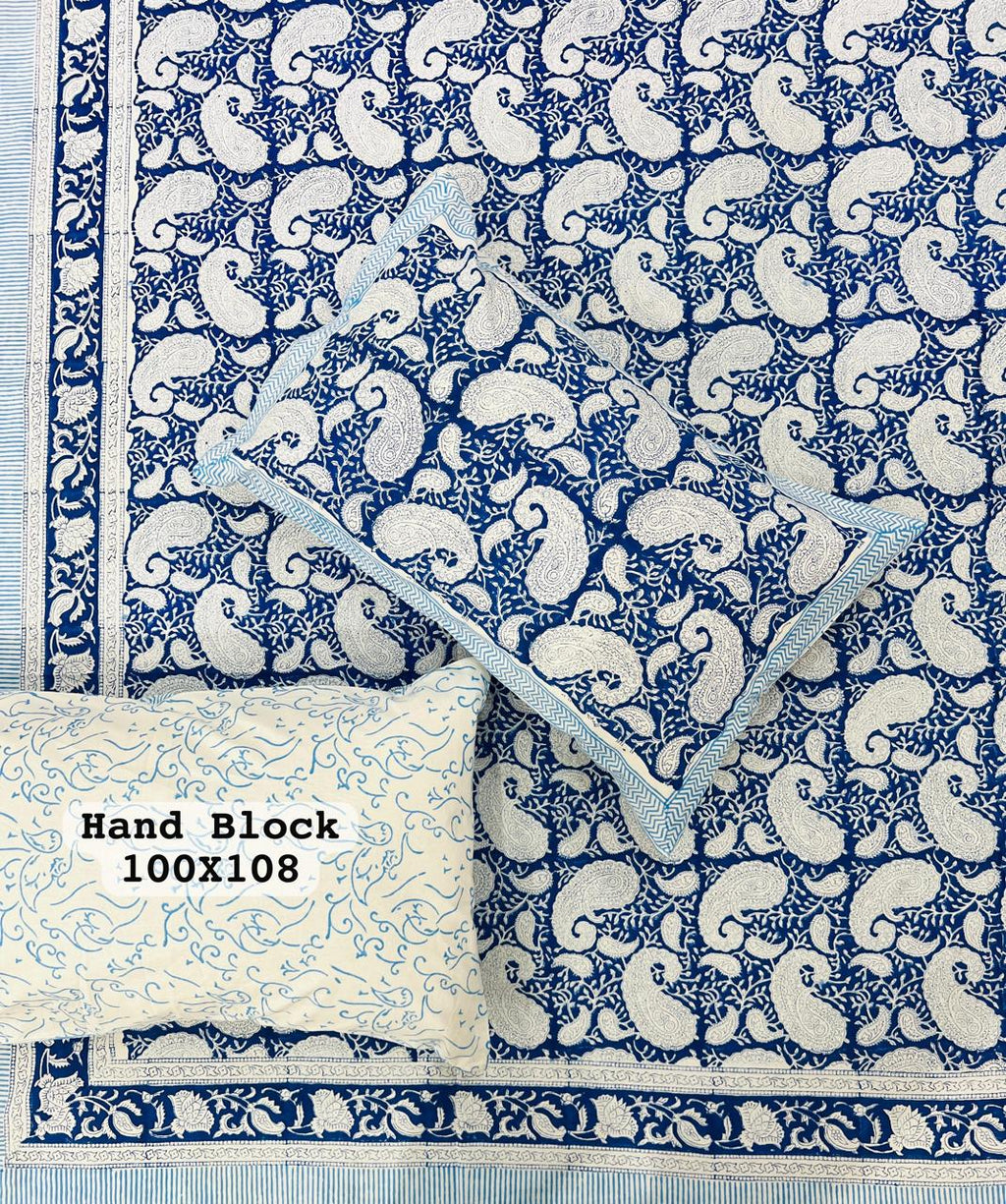 Paisley hand block print pure cotton king size bedsheet on white base