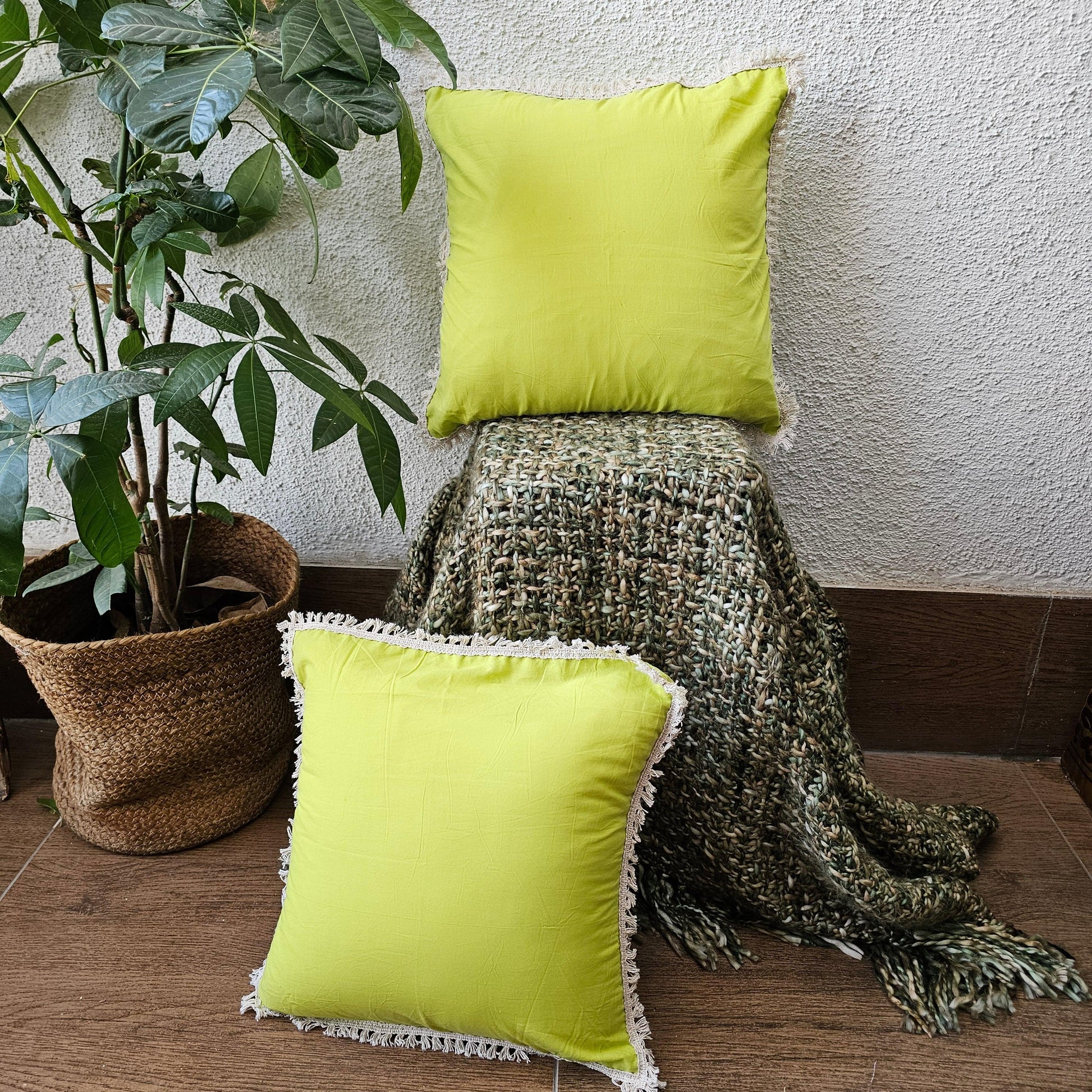 Pastel Shade Green Handcrafted Cushion Cover With Off White Lace