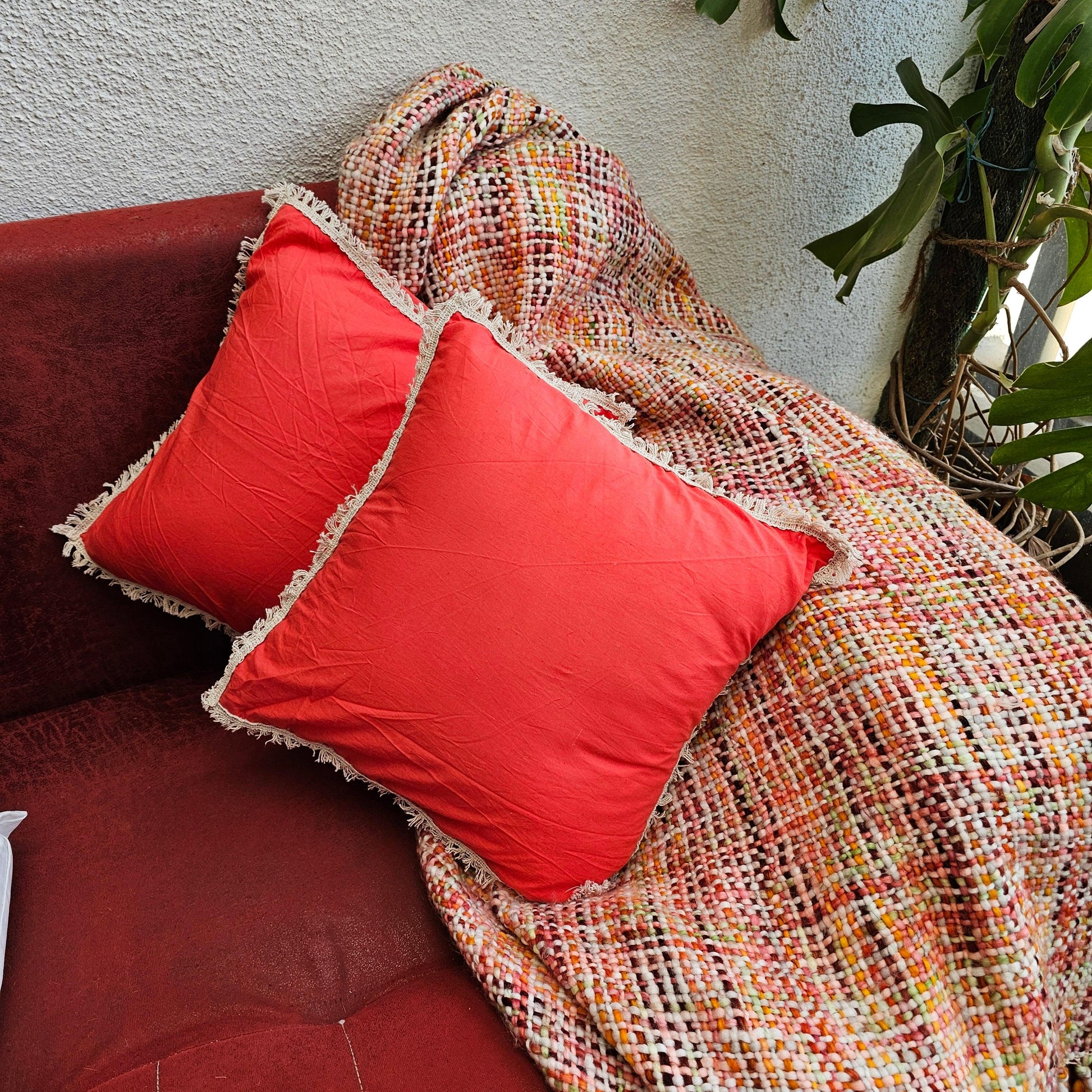 Pastel Shade Red Handcrafted Cushion Cover With Off White Lace