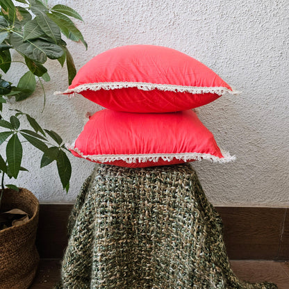 Pastel Shade Red Handcrafted Cushion Cover With Off White Lace