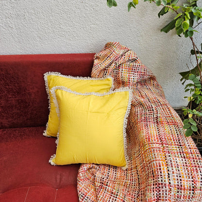 Pastel Shade Yellow Handcrafted Cushion Cover With Off White Lace