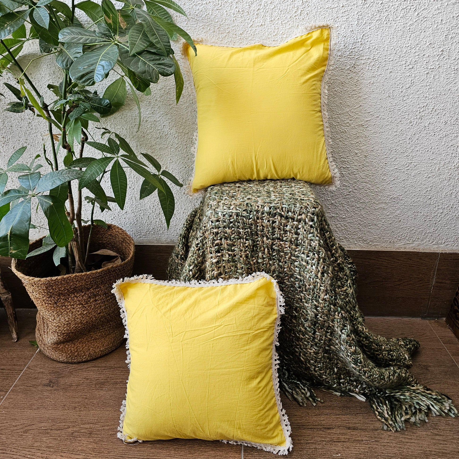 Pastel Shade Yellow Handcrafted Cushion Cover With Off White Lace