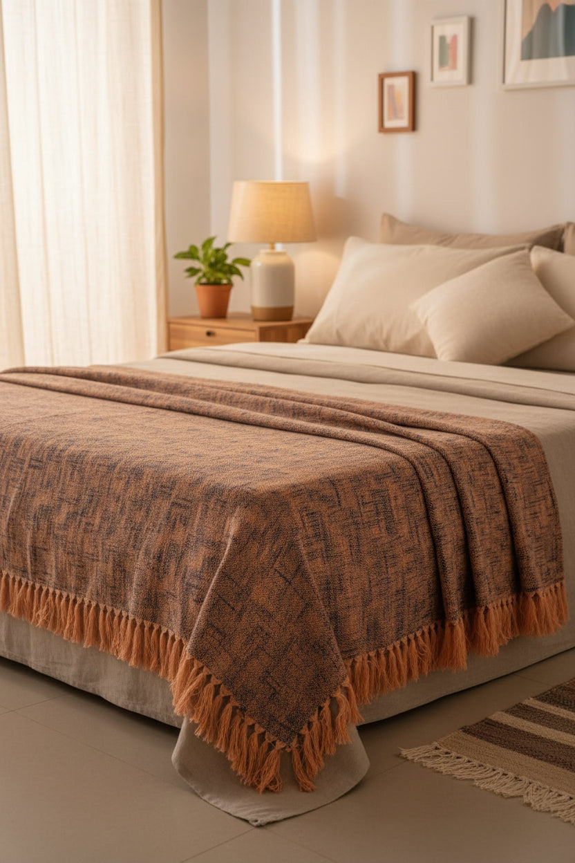 Textured fabric with a pattern, possibly a rug or blanket, on a plain background.