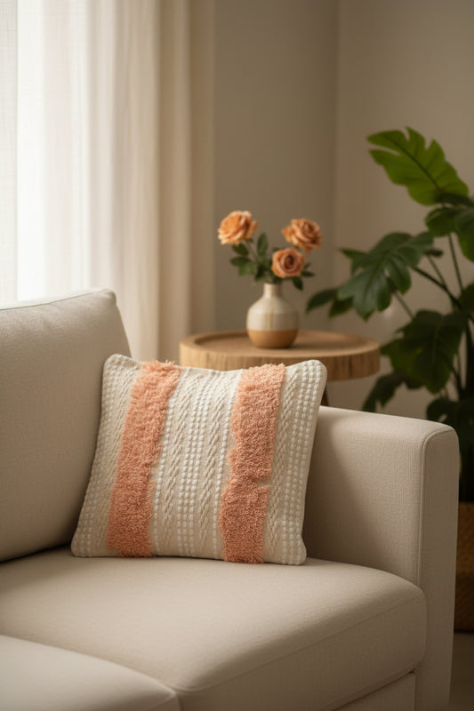 Peach & Off-White Hand-Tufted Cushion Cover