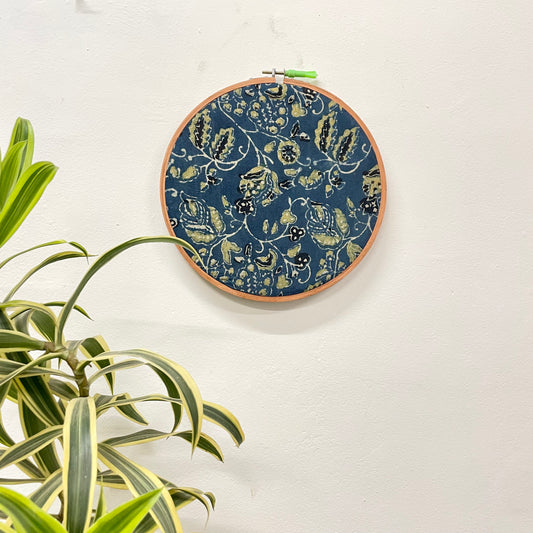 Peacock Blue Ajrakh Embroidery Hoop with Vine Motifs – Upcycled Fabric | Multiple Sizes