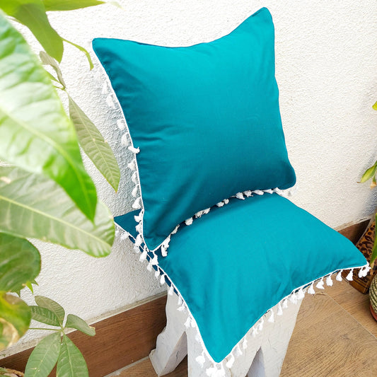 Peacock Green Plain Pure Cotton Cushion Cover With White Lace