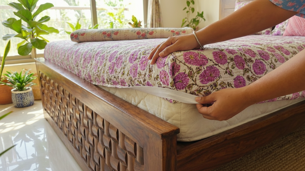 Person adjusting bedding on a wooden bed with floral patterns