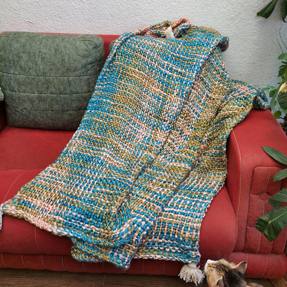 Pink And Blue Acrylic Sofa Throw With Tassels