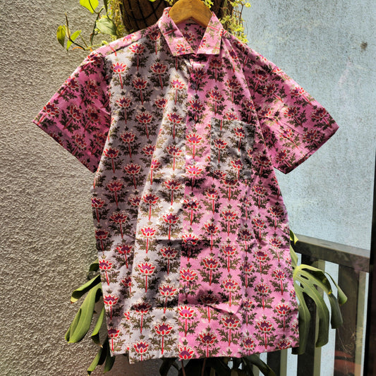 Pink And Grey Floral Half Half Pattern Men Shirt