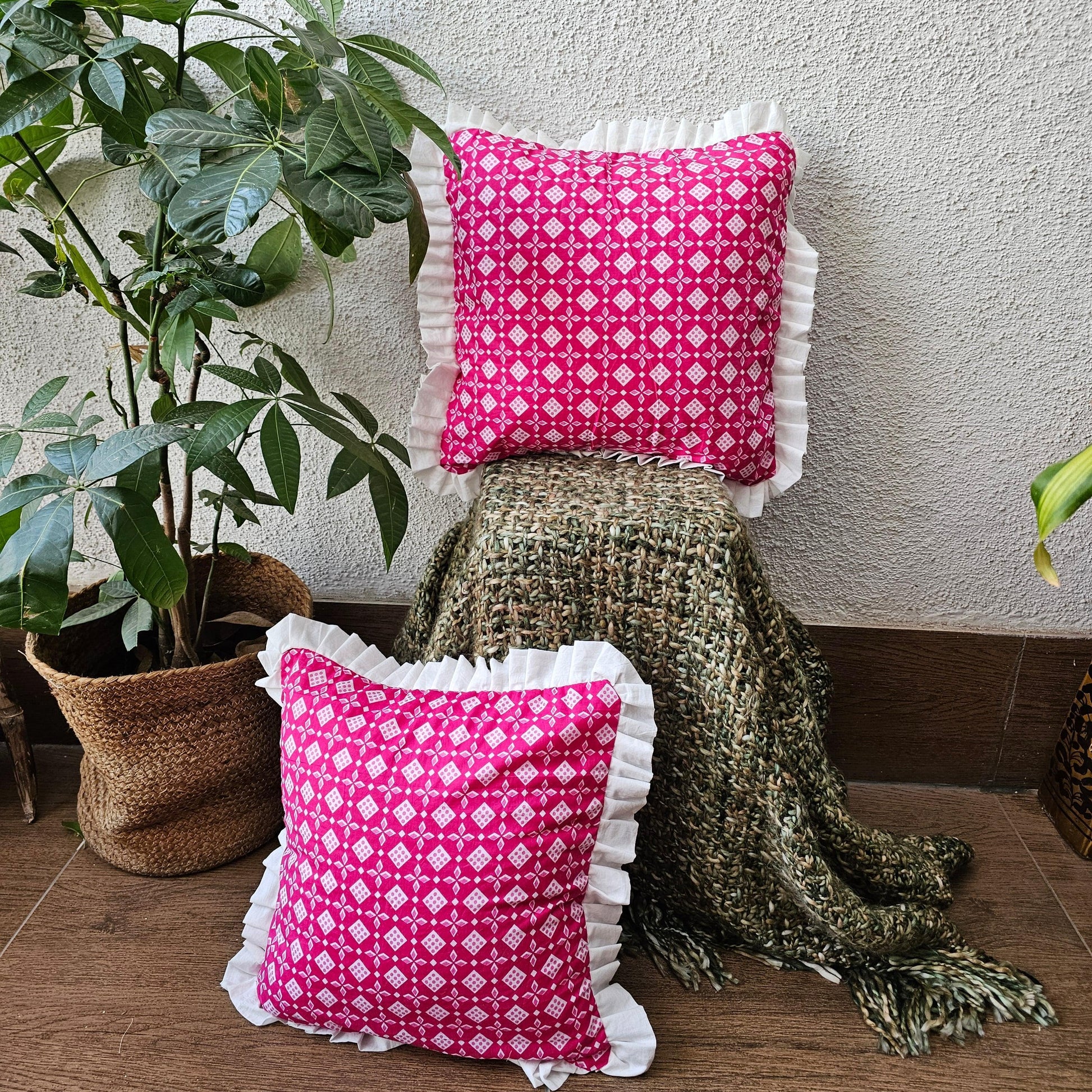 Bandhani Pattern Handcrafted Cushion Cover With Frills