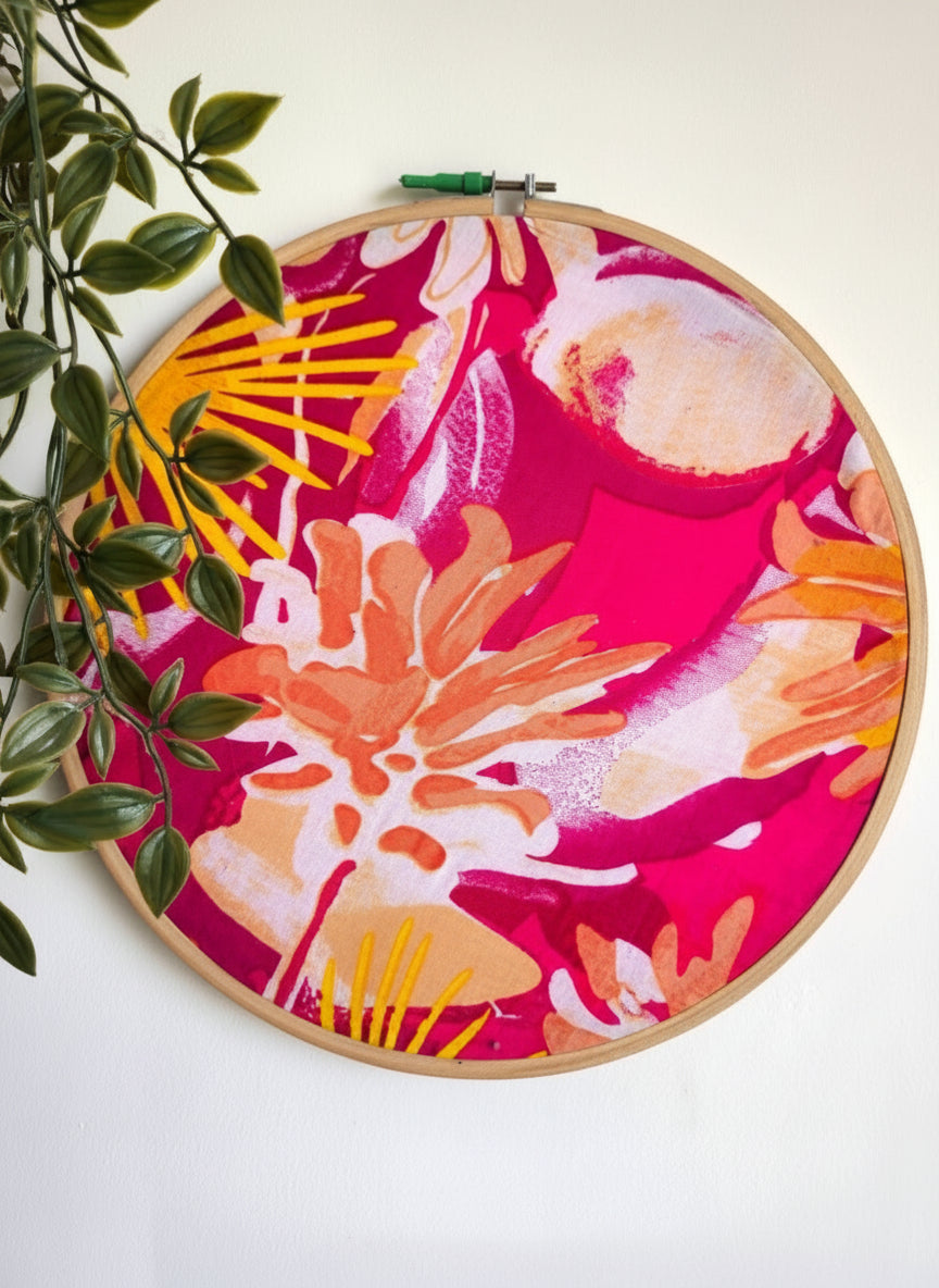 Pink Fabric with Bold Motifs Embroidery Hoop