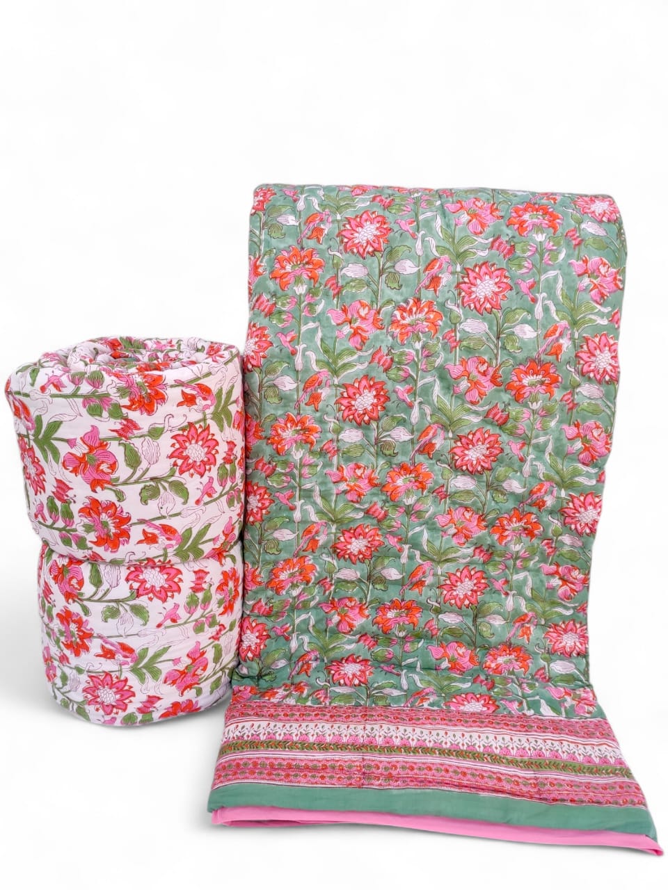 Pink & Green Floral Reversible Cotton Quilt