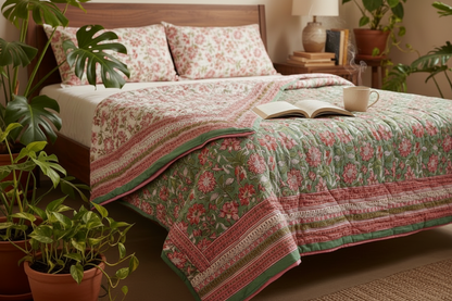 Pink & Green Floral Reversible Cotton Quilt | Authentic Jaipuri Razai | King Size (90x100 in)