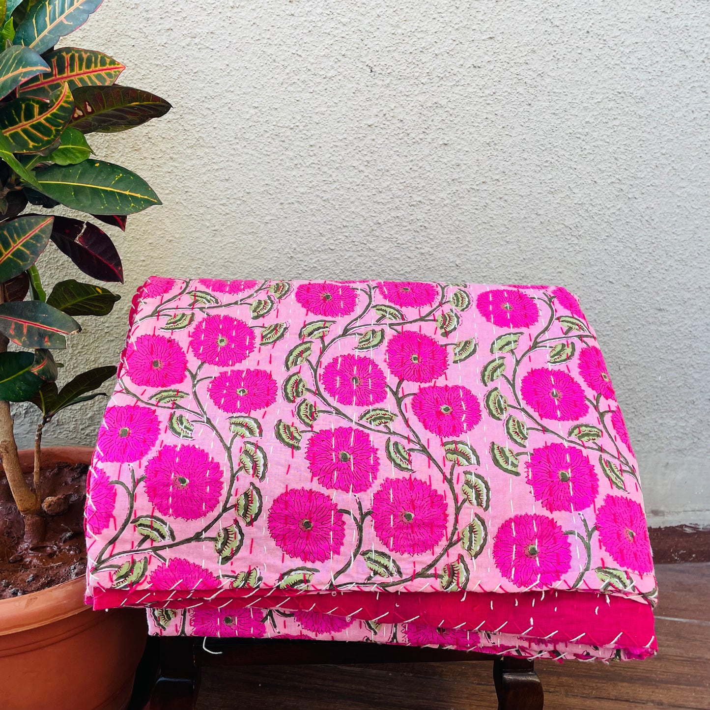 Pink Kantha Work Floral Bedcover