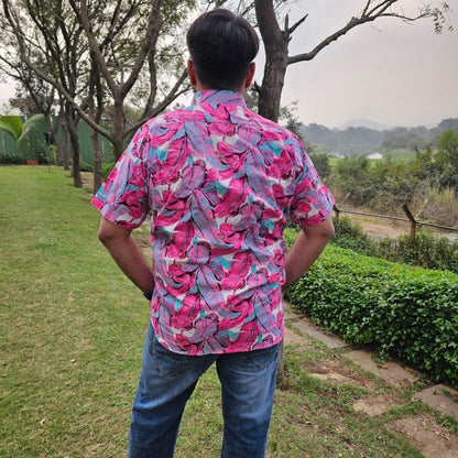 Pink Leaves Pattern Unisex Cotton Shirt