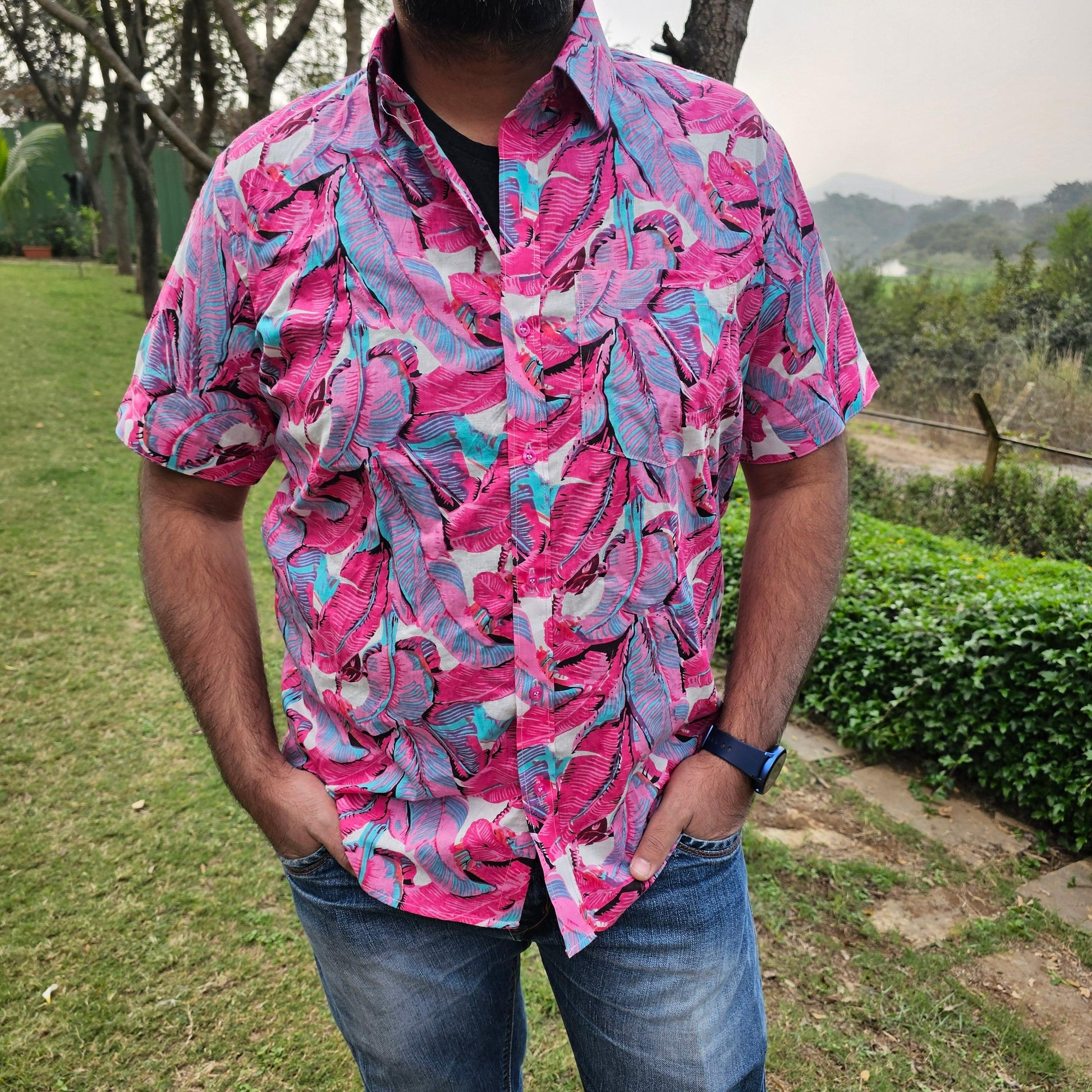 Pink Leaves Pattern Unisex Cotton Shirt