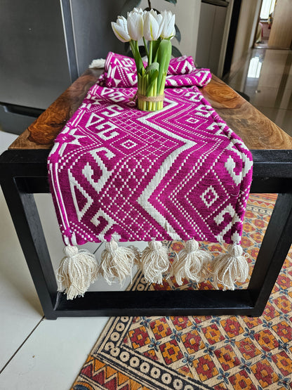 Pink Magenta & Beige Handloom Jacquard Table Runner