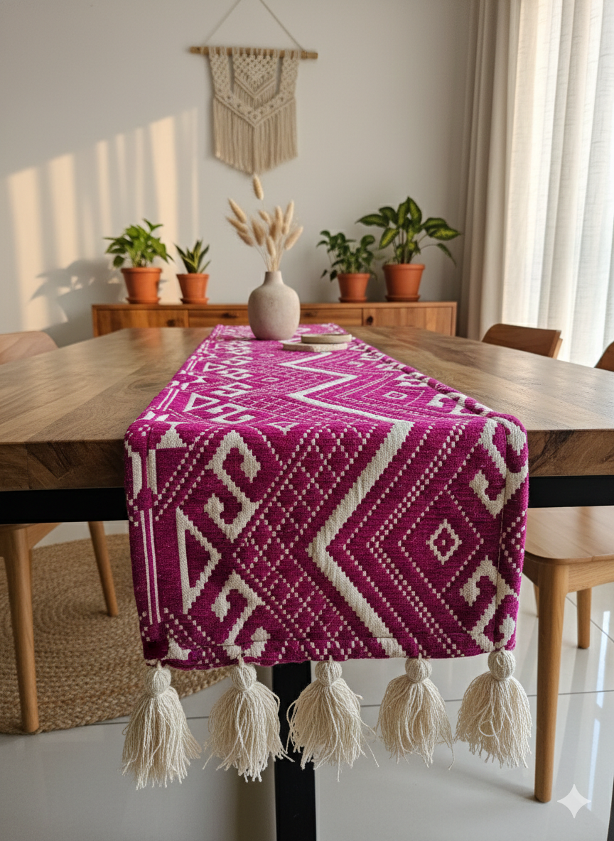 Pink and white patterned table runner with tassels on a wooden table in a bright room.
