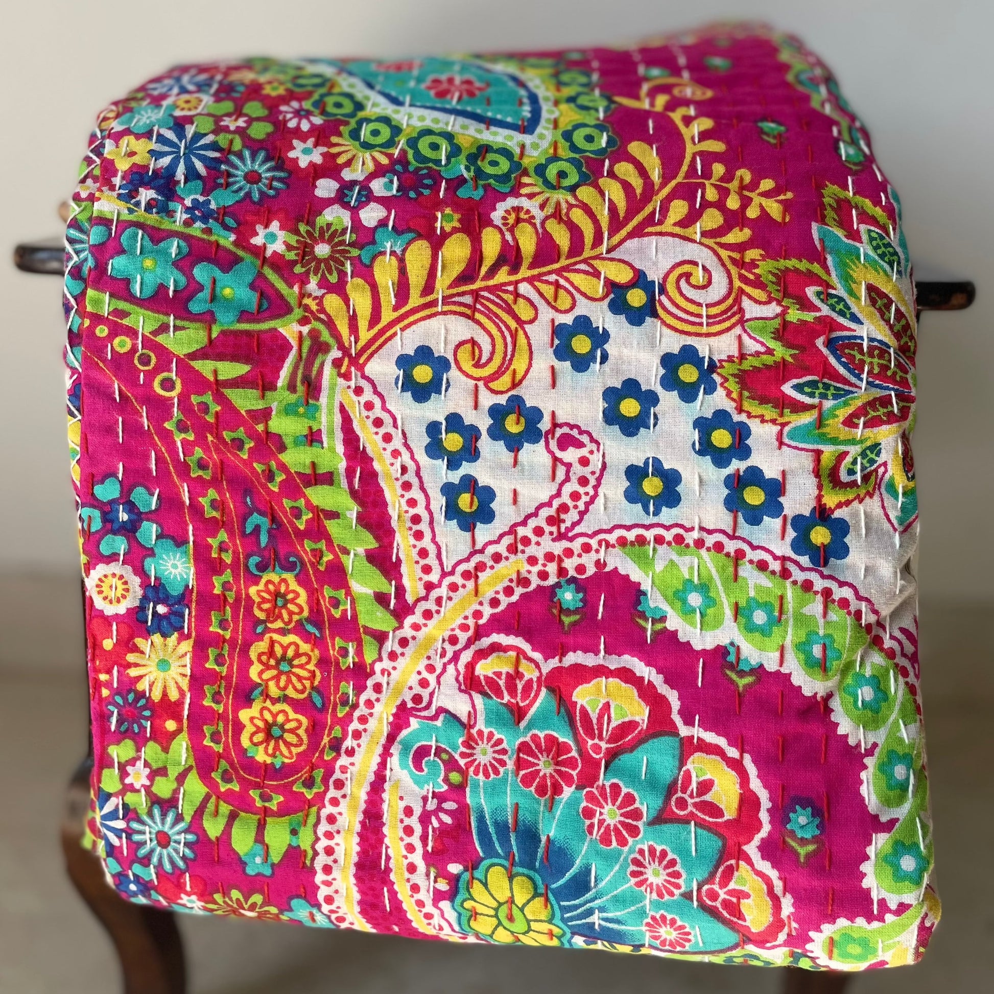 Pink Kantha Work Floral Bedcover