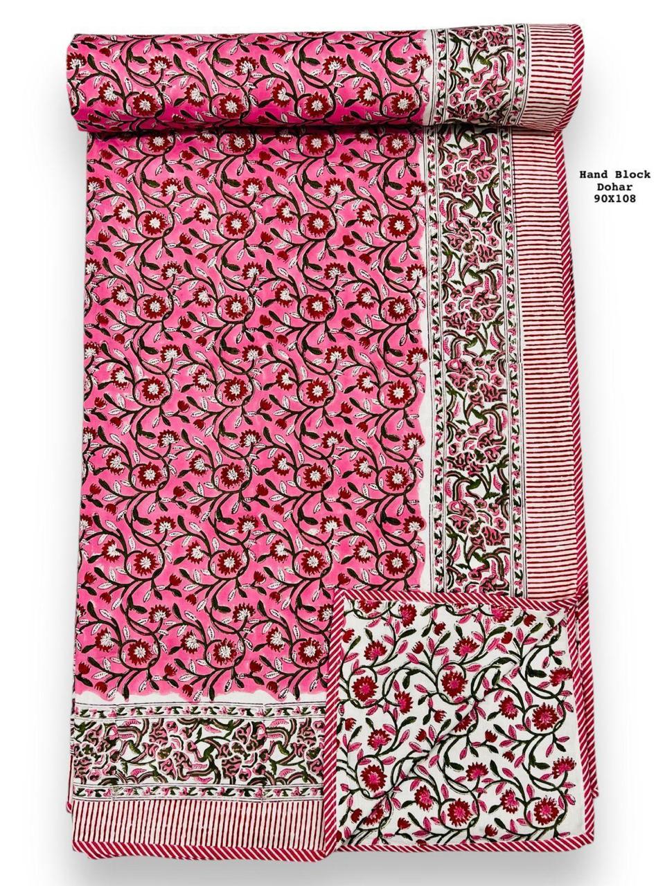 Pink & White Reversible Floral Dohar – Hand Block Printed Mul Cotton, King Size (90×108″)