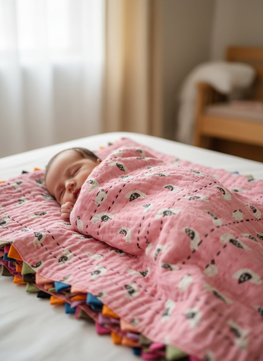 Pink fabric with colorful edges on a blue background