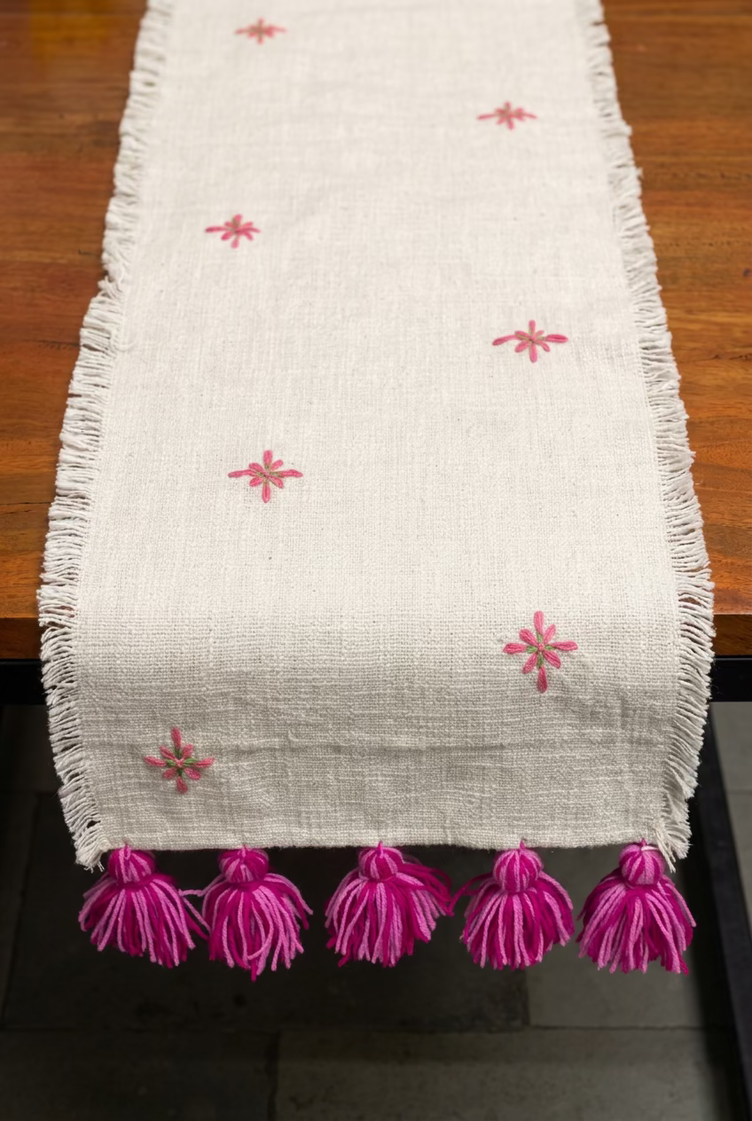 Handmade Embroidered Slub Cotton Table Runner – With Pink Woollen Tassels