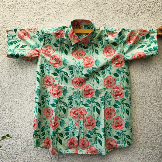 Pista Green Floral Print Unisex Cotton Shirt