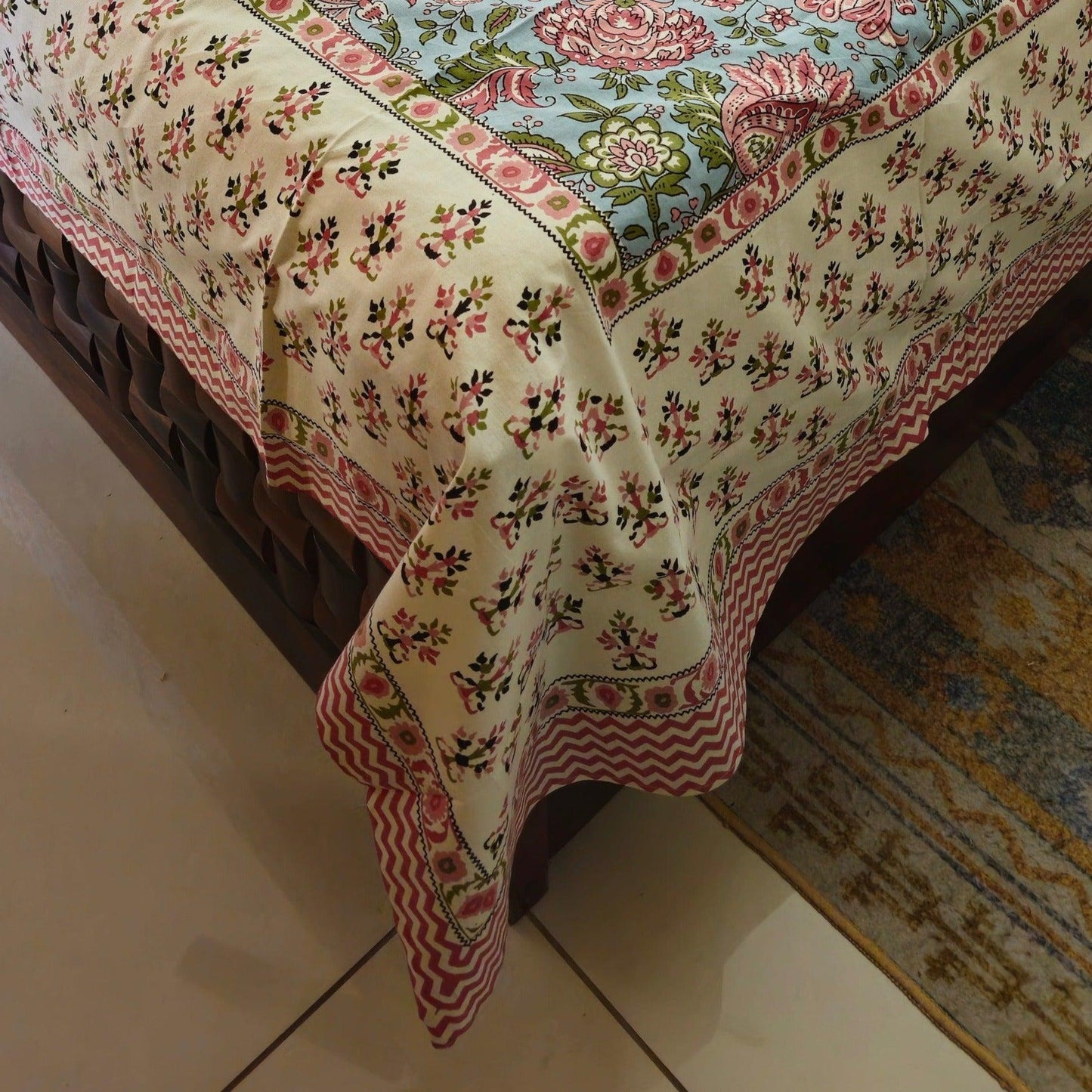 Pure Cotton White And Pink Floral King Size Bed Sheet