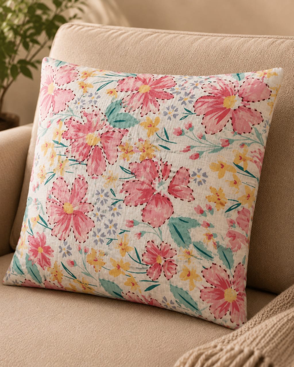 Pure cotton white cushion cover with hand-printed pink flowers and Kantha running stitch embroidery on a beige sofa.