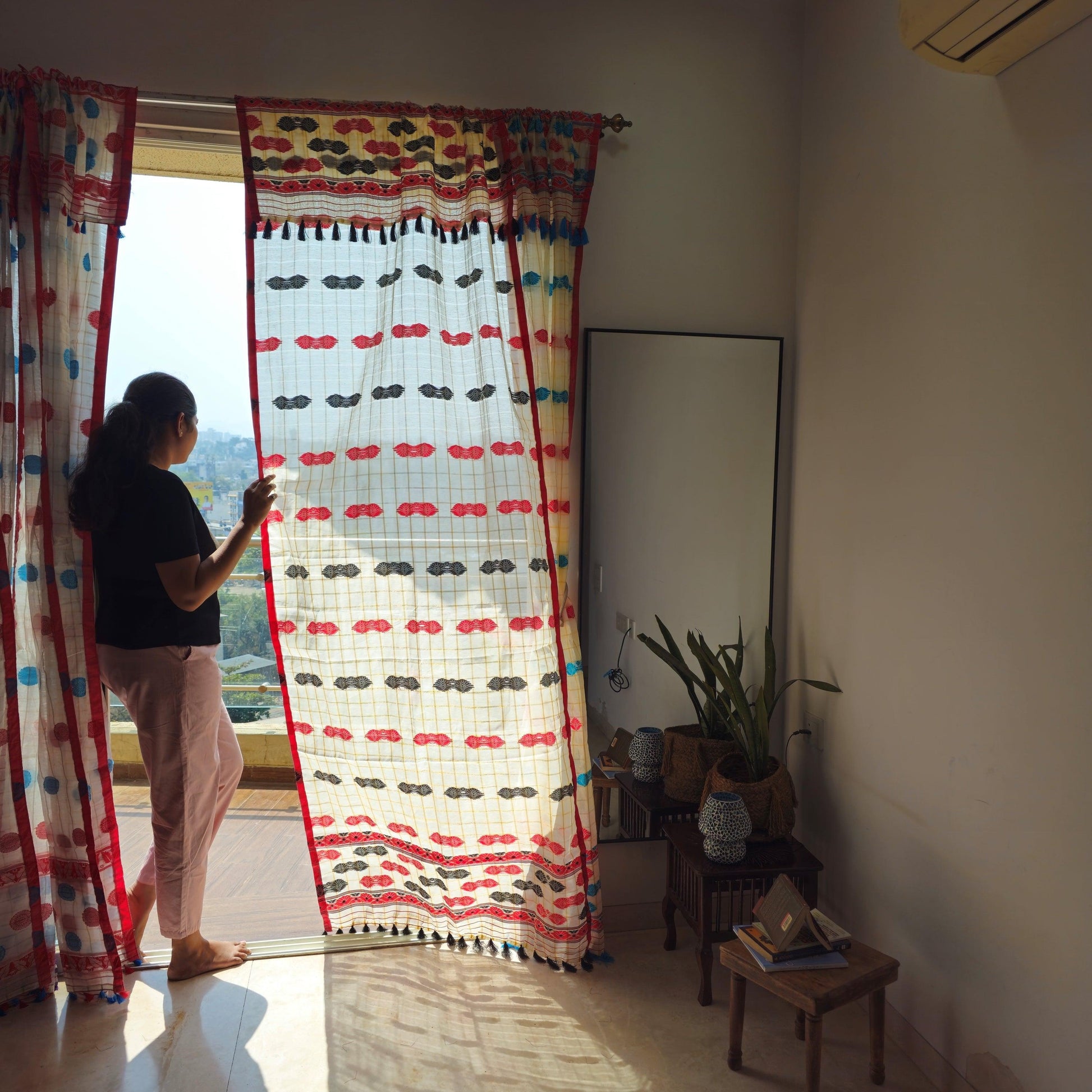 Red And Black Assamese Handloom Sheer Curtains