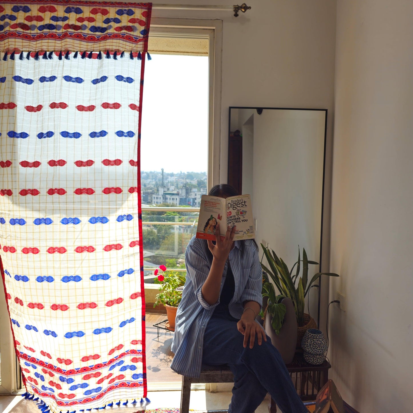 Red And Blue Assamese Handloom Sheer Curtains