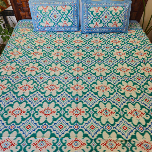 Red And Green Ikkat Print King Size Bedsheet