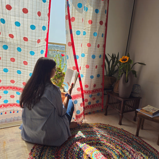 Red And Sky Blue Assamese Handloom Sheer Curtain