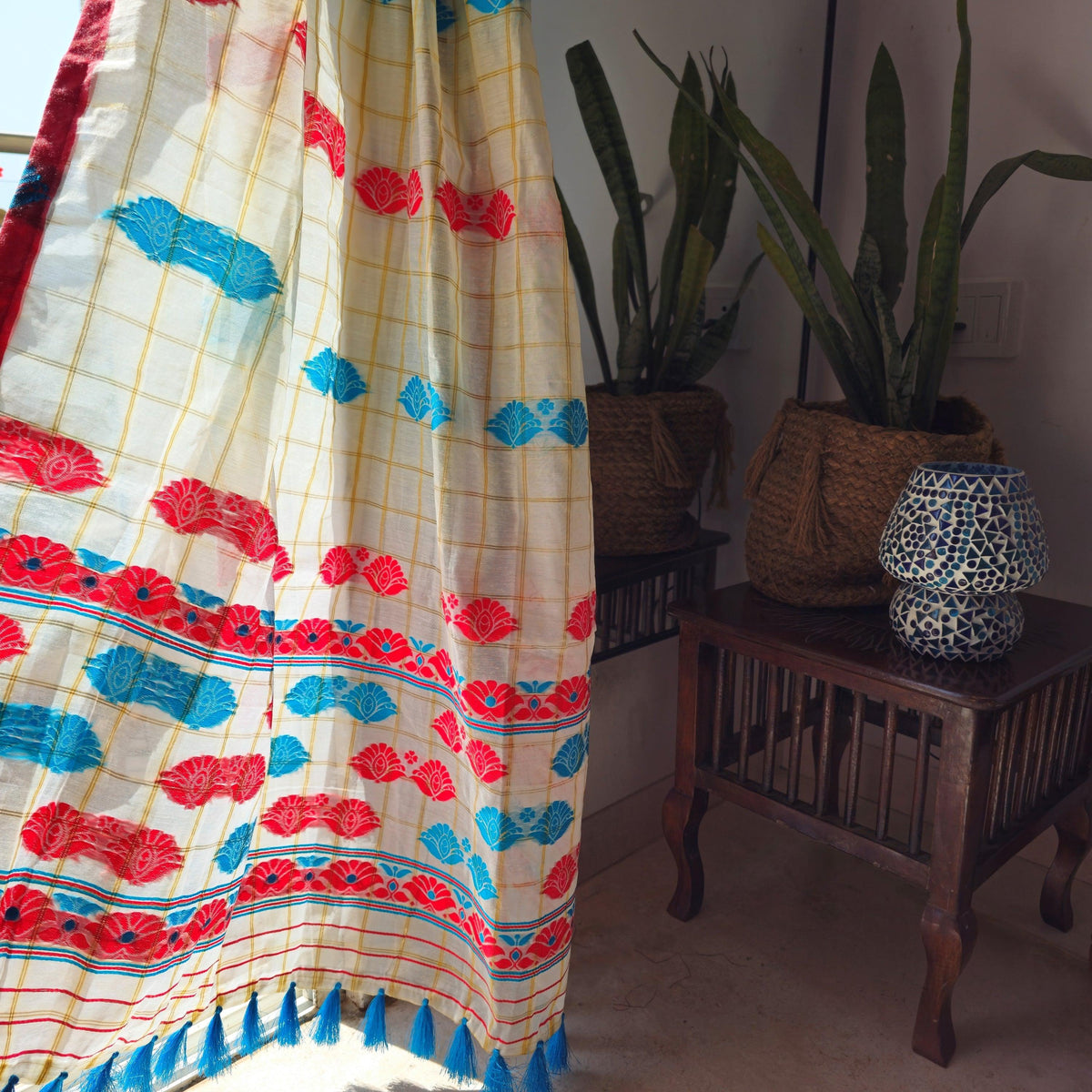Sky Blue & Red Assamese Handloom Curtain | Cotton-Silk Blend with ...