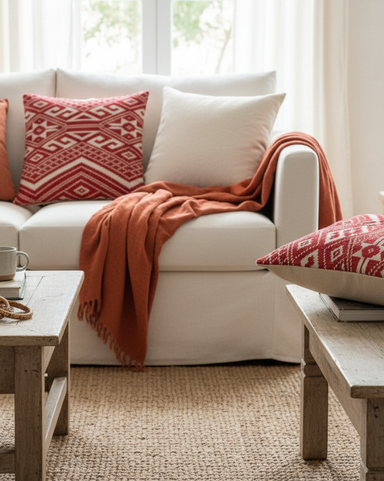 Red & Beige Geometric Jacquard Handloom Cushion Cover