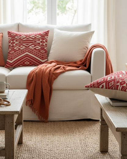 Red & Beige Geometric Jacquard Handloom Cushion Cover