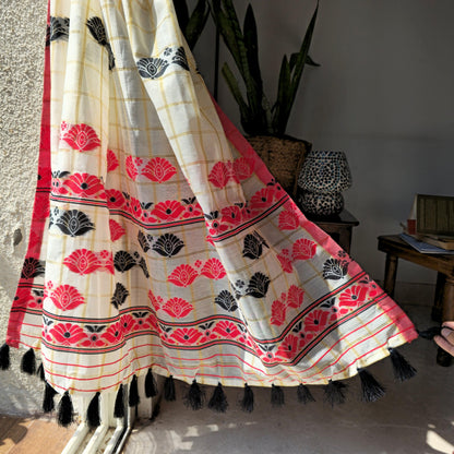 Red And Black Assamese Handloom Sheer Curtains