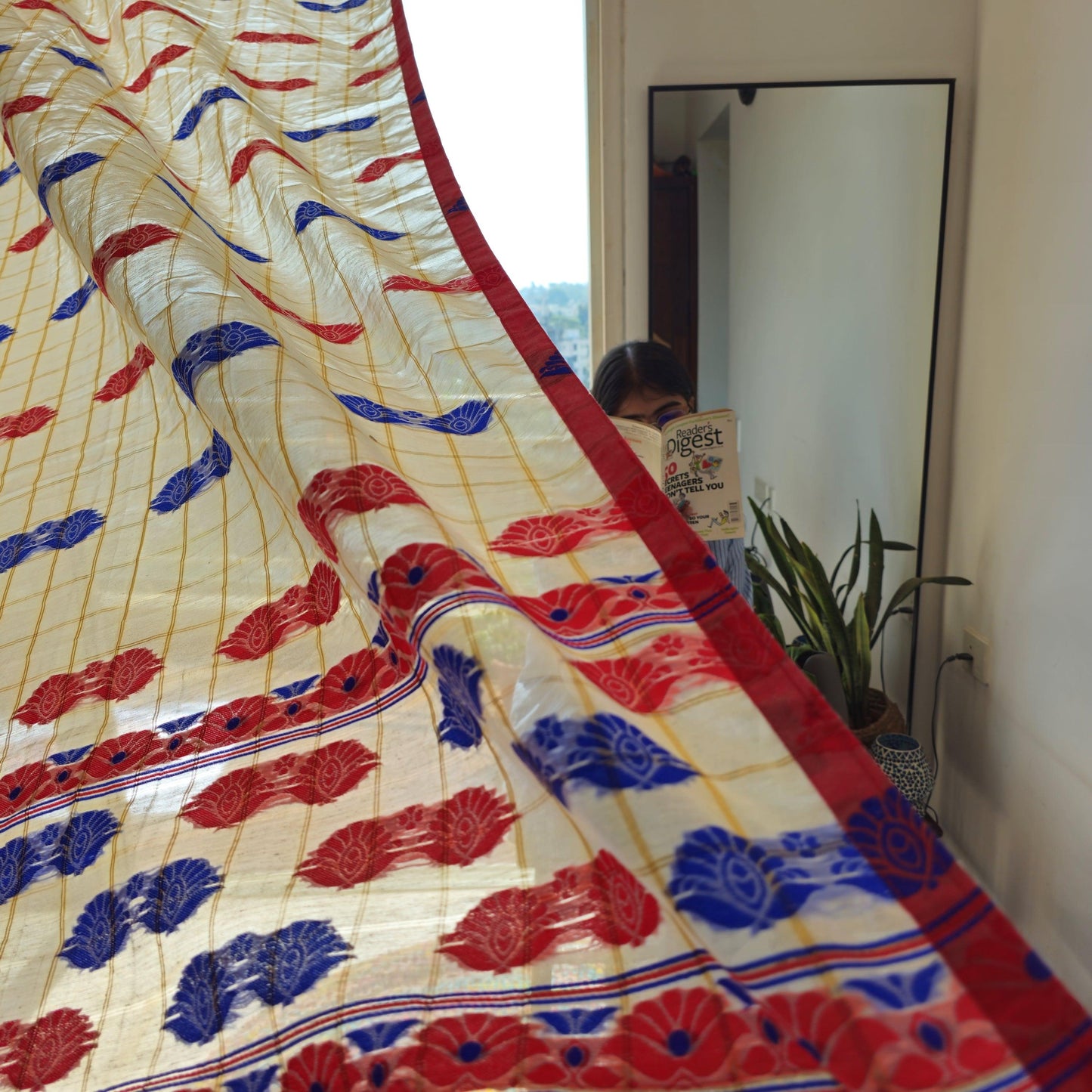 Red And Blue Assamese Handloom Sheer Curtains