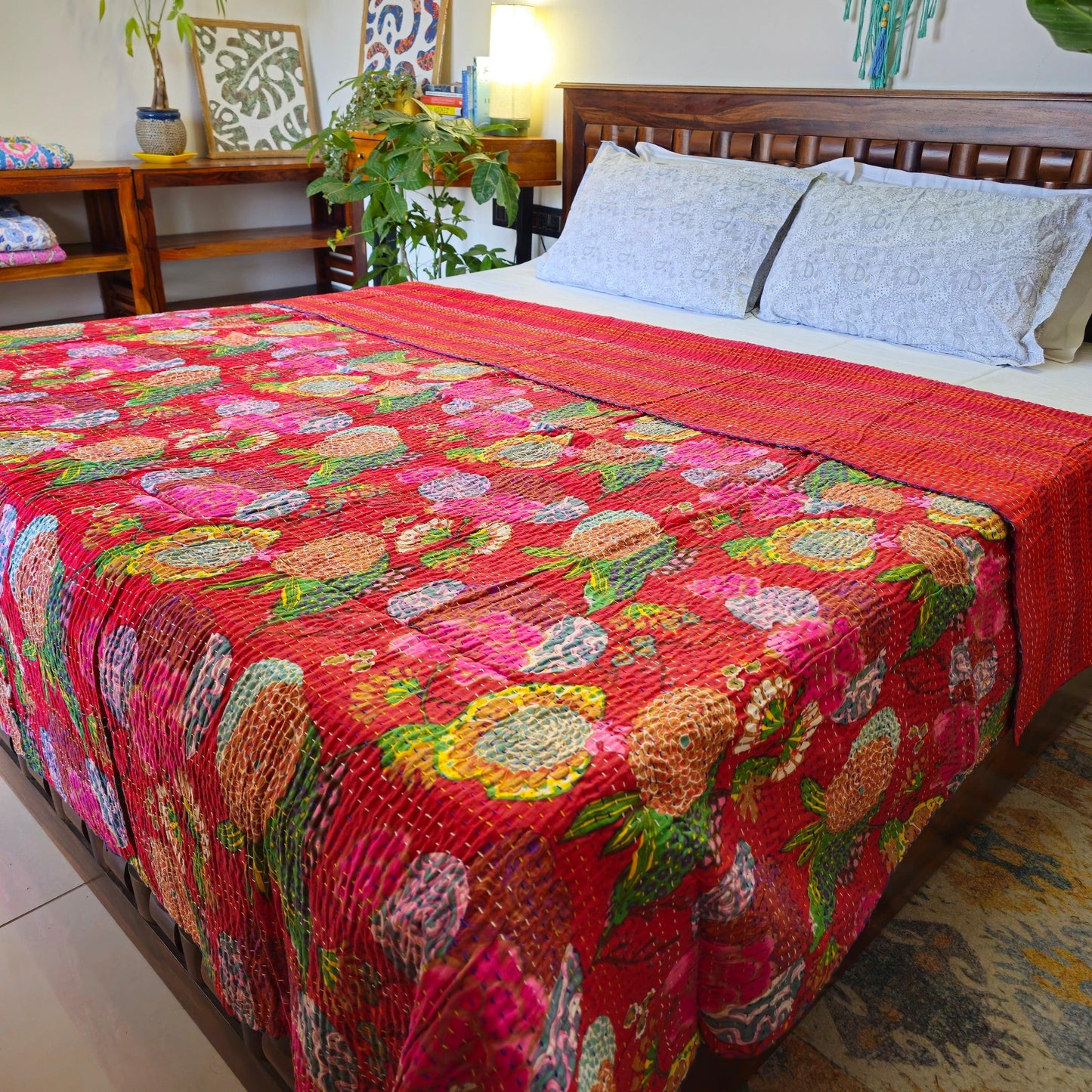 Red Kantha Work Floral Bedcover