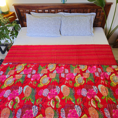 Red Kantha Work Floral Bedcover